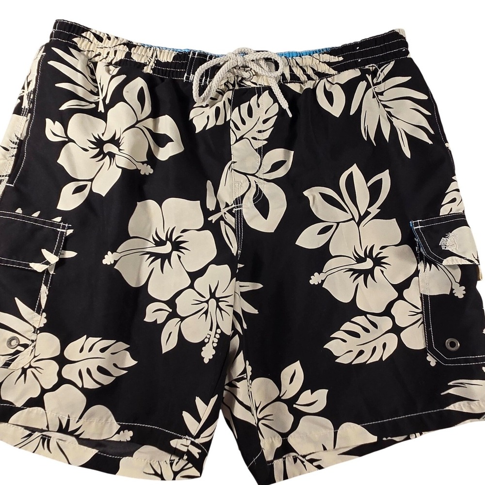 Caribbean Joe Mens‎ Black White Hibiscus Floral Swim Trunks Cargo Pockets Large